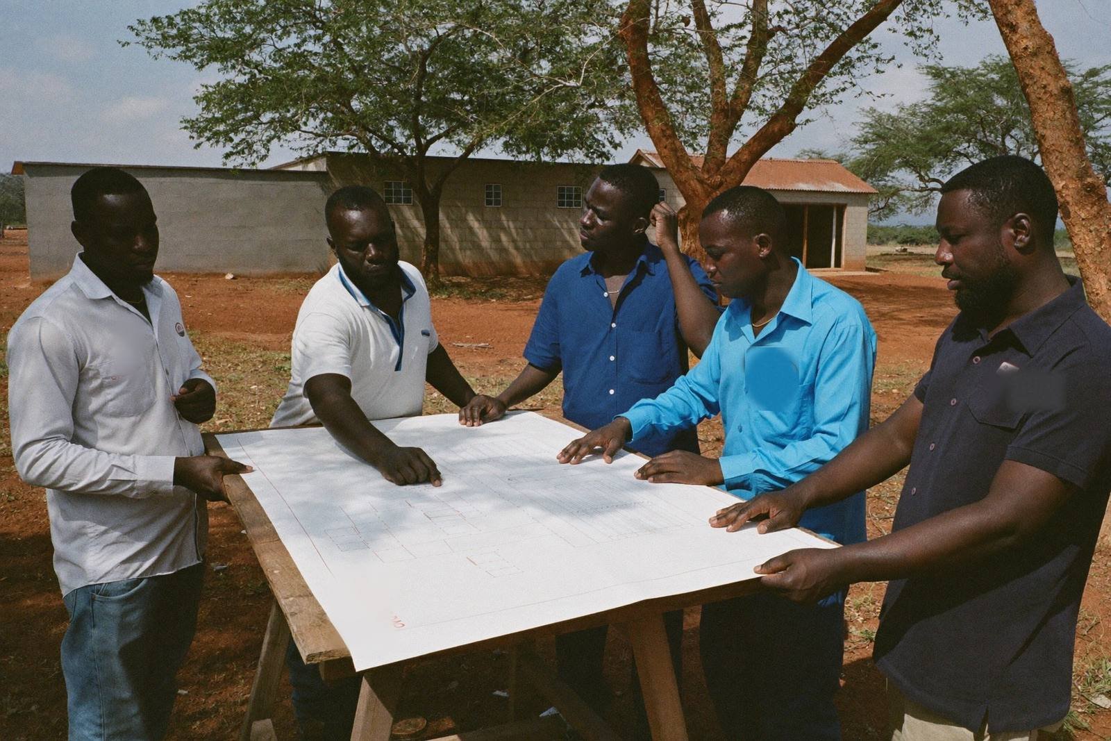 Consultants and officials reviewing drawings at a school site