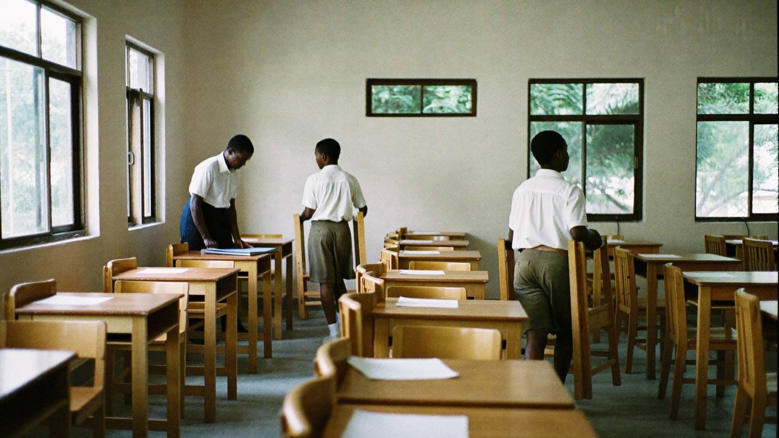 A newly finished classroom with rows of desks