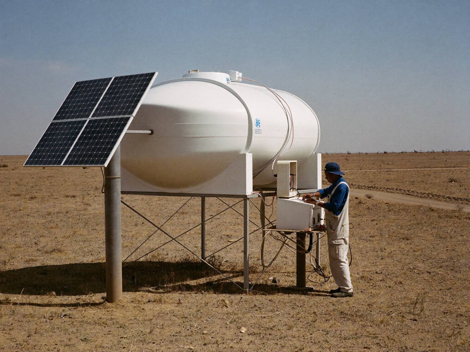 Solar array and elevated water tank in arid Kenya